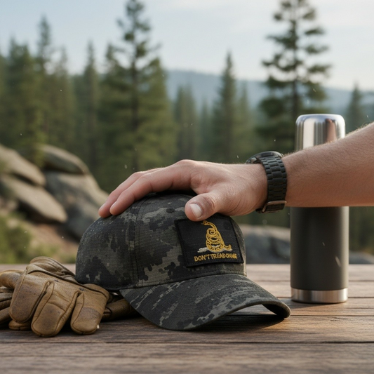 Don't Tread On Me Multicam Black patch on a cap beside gloves and a thermos in an outdoor setting.