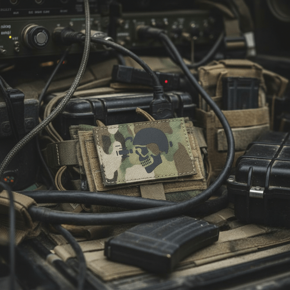 Multicam laser cut skull with NODS patch on gear, showcasing tactical design and detail.