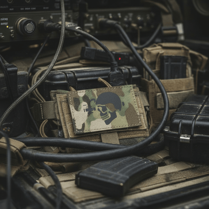 Multicam laser cut skull with NODS patch on gear, showcasing tactical design and detail.