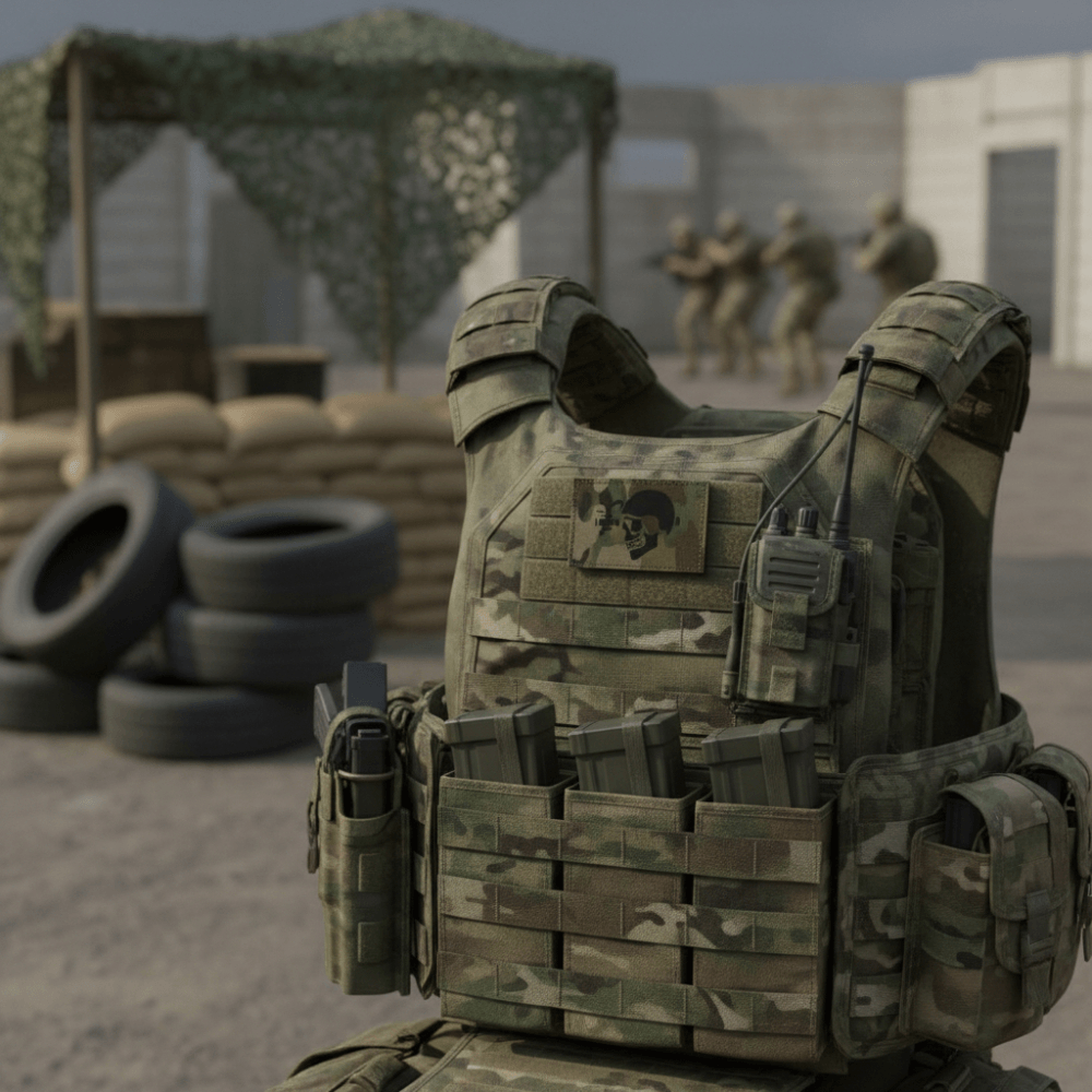 Multicam laser cut skull patch on tactical vest in outdoor military setting with soldiers in background.
