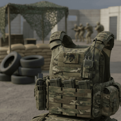 Multicam laser cut skull patch on tactical vest in outdoor military setting with soldiers in background.