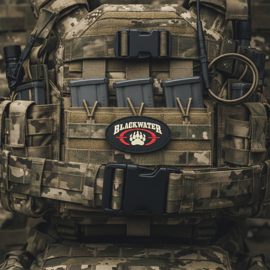 Blackwater PVC patch displayed on tactical gear with magazines, showcasing original logo and hook-and-loop backing.