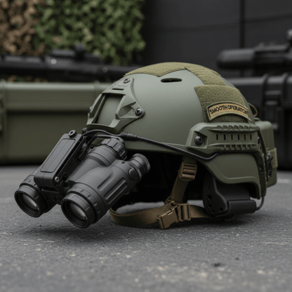 Smooth Operator embroidered patch on tactical helmet with night vision goggles, perfect for operators and tactical gear.