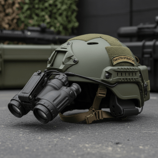 Smooth Operator embroidered patch on tactical helmet with night vision goggles, perfect for operators and tactical gear.
