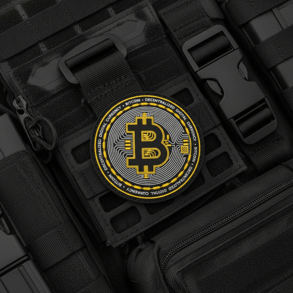 Bitcoin-Patch displayed on tactical gear, featuring a round PVC design with Bitcoin logo and text.