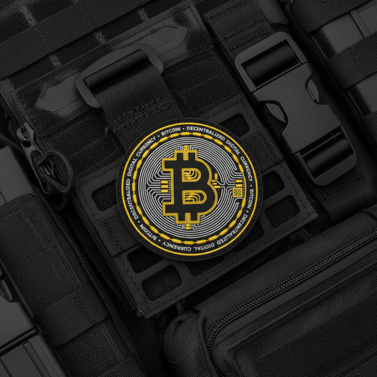 Bitcoin-Patch displayed on tactical gear, featuring a round PVC design with Bitcoin logo and text.