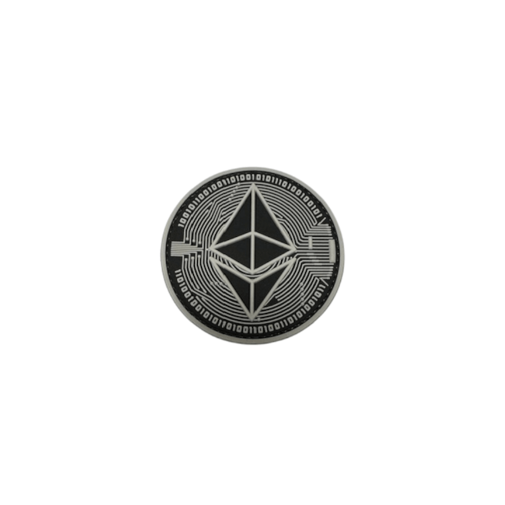 Ethereum PVC patch for gear, round design with a tech motif, perfect for uniforms or gear.
