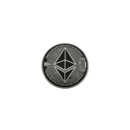Ethereum PVC patch for gear, round design with a tech motif, perfect for uniforms or gear.
