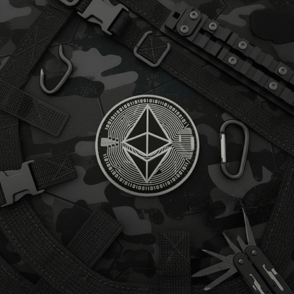 Ethereum PVC patch for gear on tactical background with military accessories