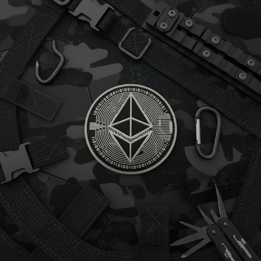 Ethereum PVC patch for gear on tactical background with military accessories