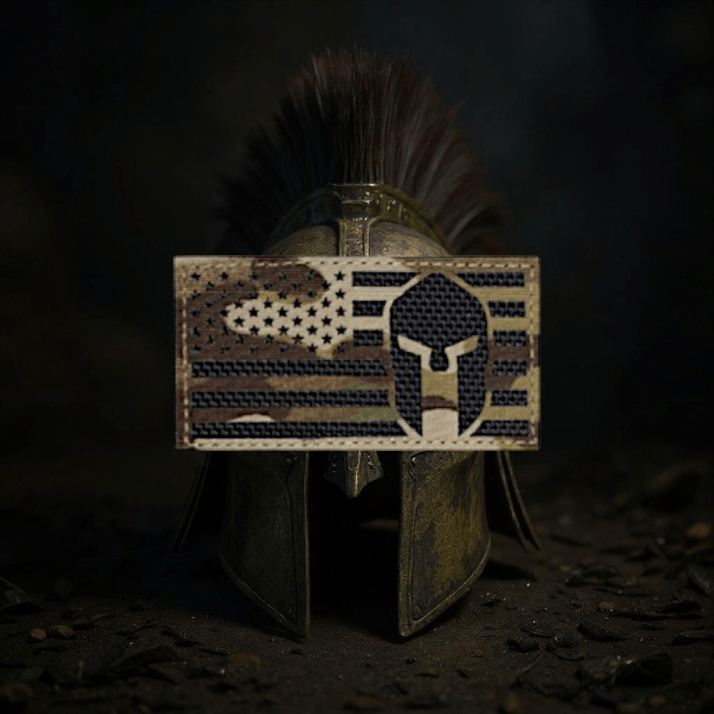 Laser Cut Multicam Spartan American Flag Patch displayed on a warrior helmet, showcasing its detailed design and patriotic theme.