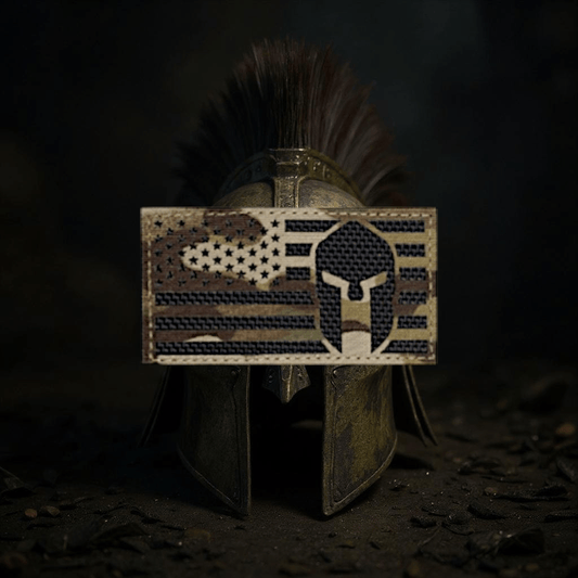 Laser Cut Multicam Spartan American Flag Patch displayed on a warrior helmet, showcasing its detailed design and patriotic theme.
