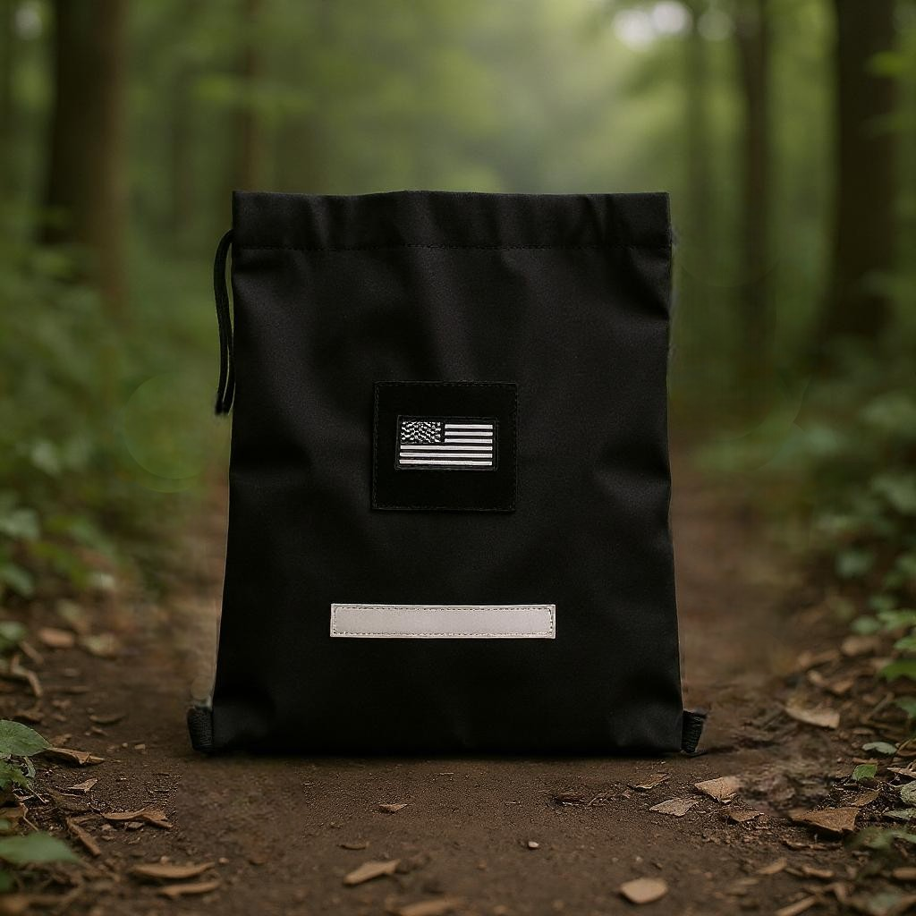 Black tactical drawstring backpack with durable material and adjustable straps for versatile use.