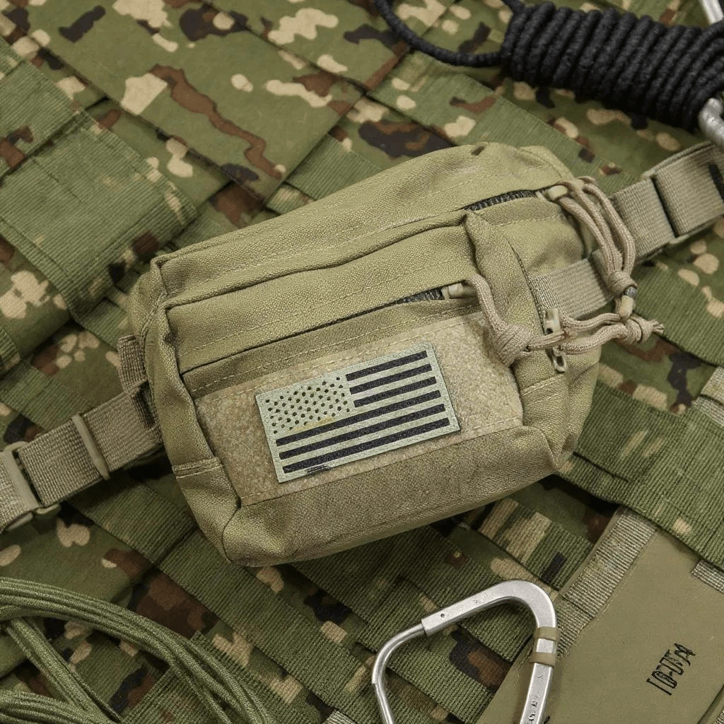 Tactical Fanny Pack Coyote on camouflage background with American flag patch.