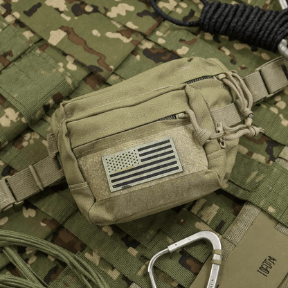 Tactical Fanny Pack Coyote on camouflage background with American flag patch.