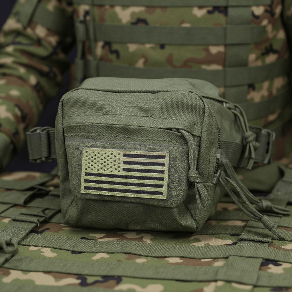 Tactical Fanny Pack OD Green with American flag patch on durable fabric, ideal for outdoor gear storage and organization.