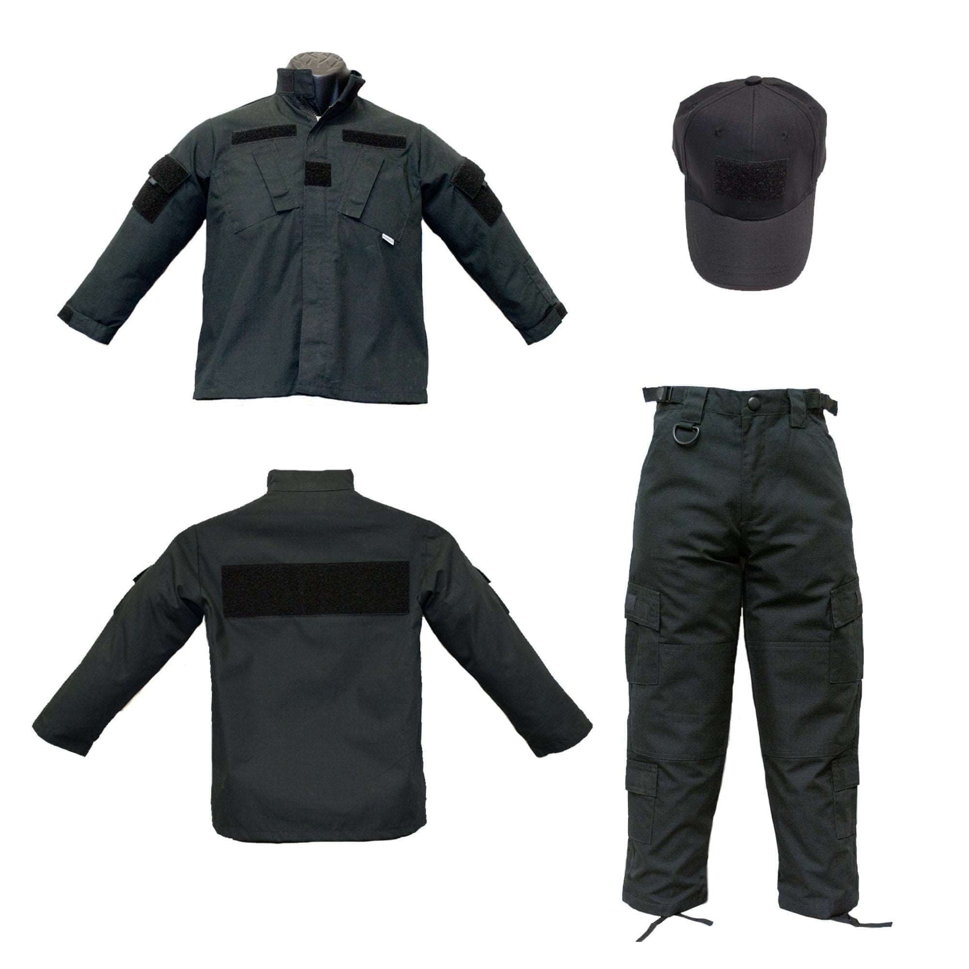Youth black tactical SWAT uniform combo including a jacket, pants, and cap for stylish, durable wear.