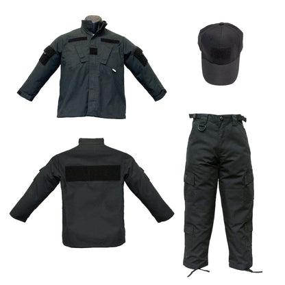 Youth black tactical SWAT uniform combo including a jacket, pants, and cap for stylish, durable wear.