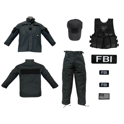 Youth Black Tactical FBI Uniform Combo featuring cap, vest, pockets, FBI patches, and emblem.