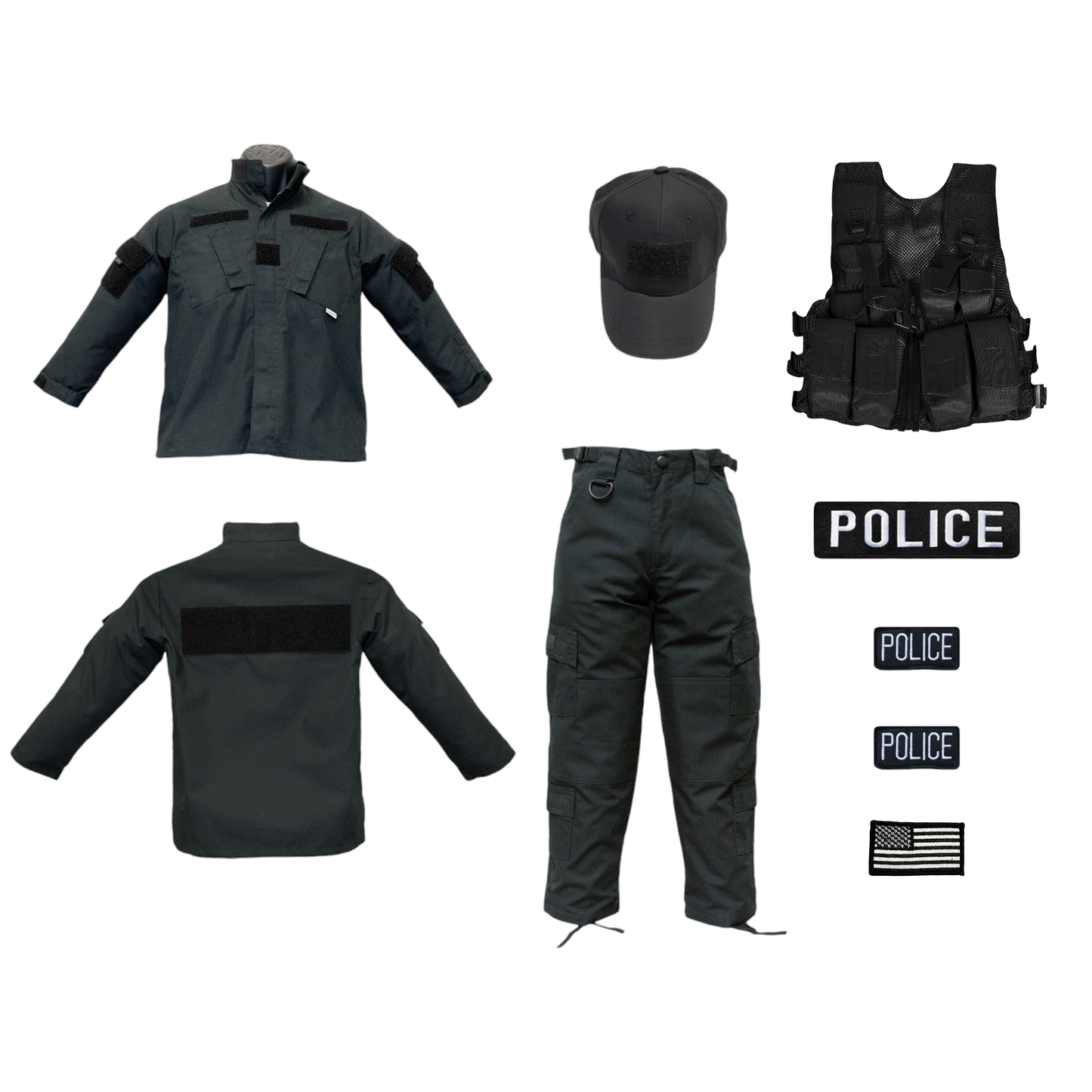 Youth Black Tactical Police Uniform 8 PC Combo with cap, vest, shirt, pants, and police patches.