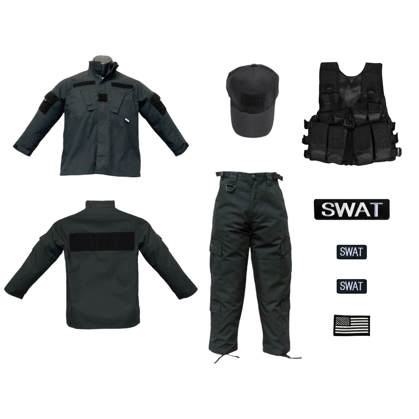 Youth Black Tactical SWAT Uniform 8 PC Combo including cap, vest, shirt, pants, SWAT patches, and American Flag patch.