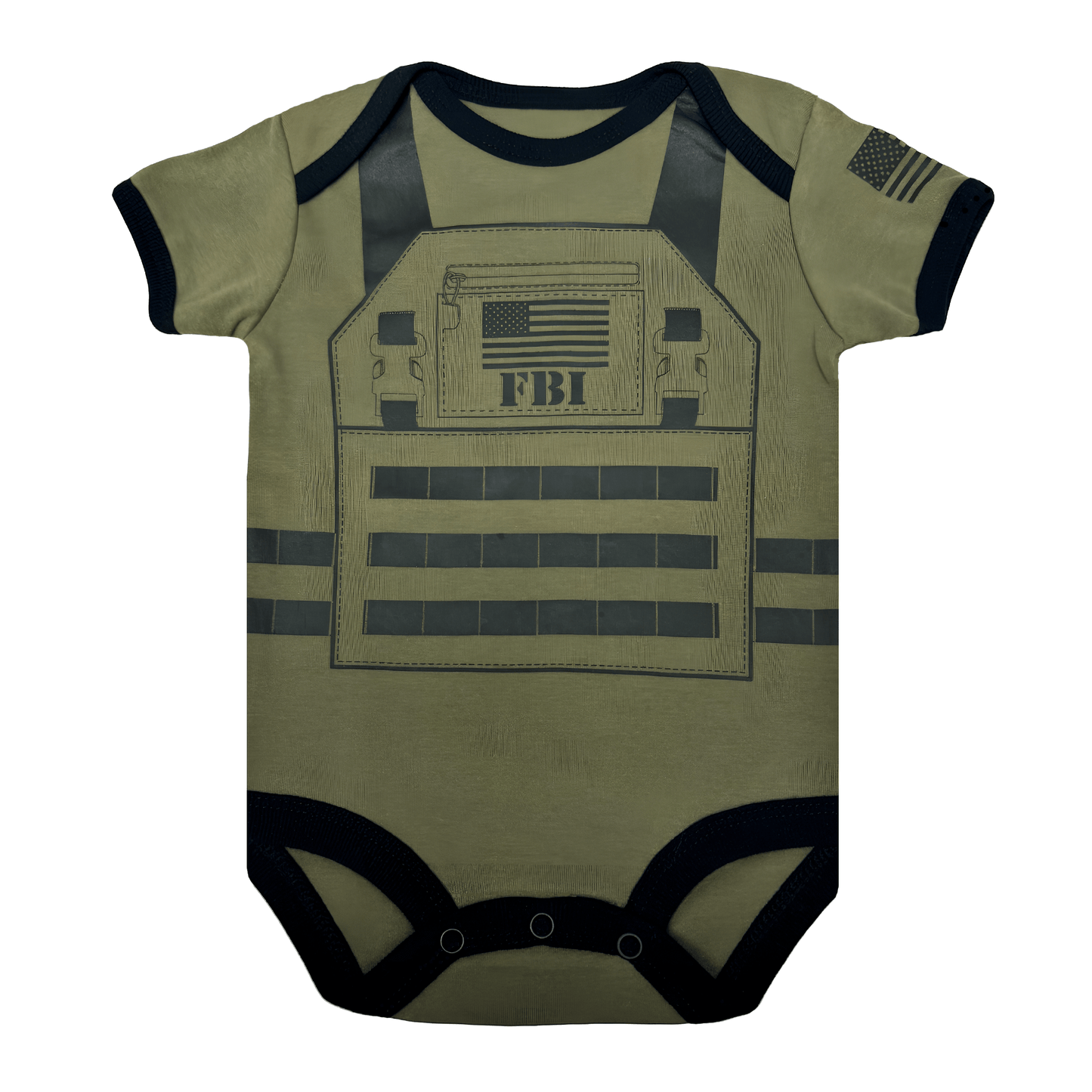 FBI Baby Flak Jacket Bodysuit in olive green with American flag, perfect for stylish infants.