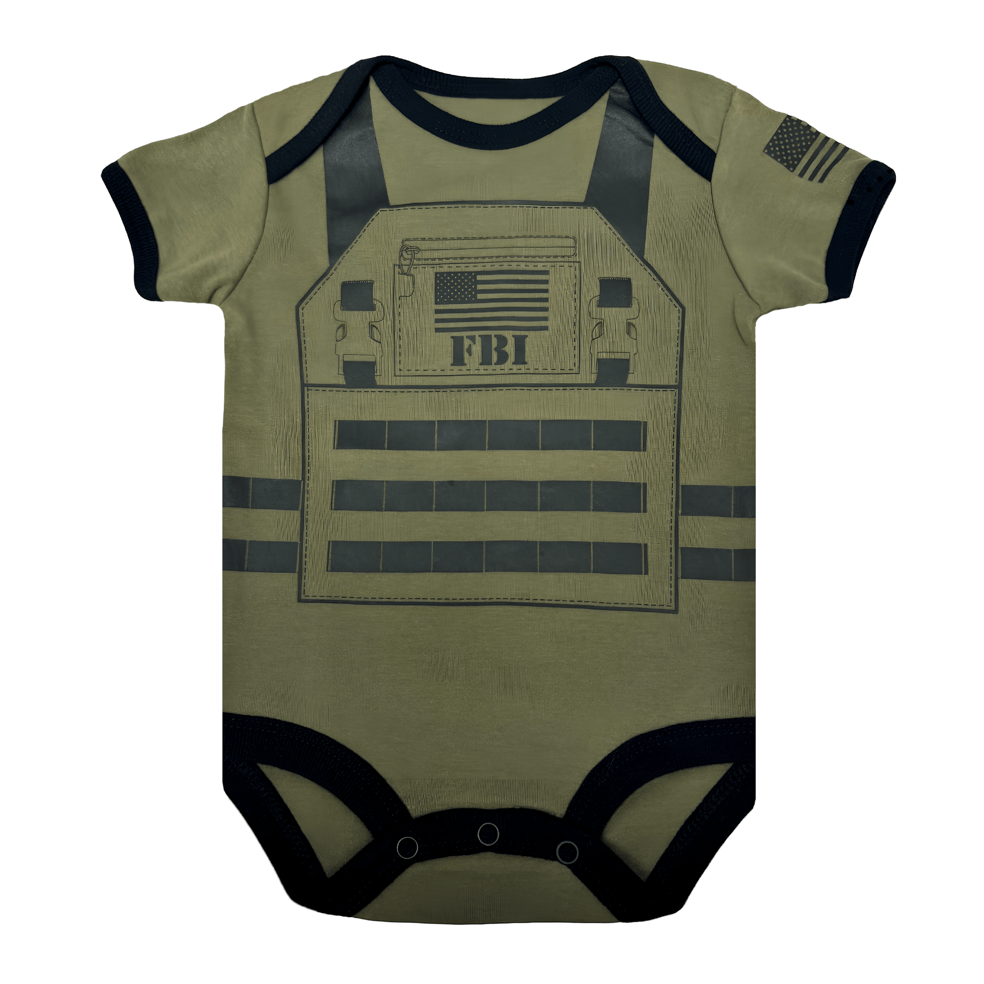 FBI Baby Flak Jacket Bodysuit in olive green with American flag, perfect for stylish infants.