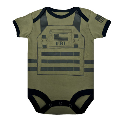 FBI Baby Flak Jacket Bodysuit in olive green with American flag, perfect for stylish infants.