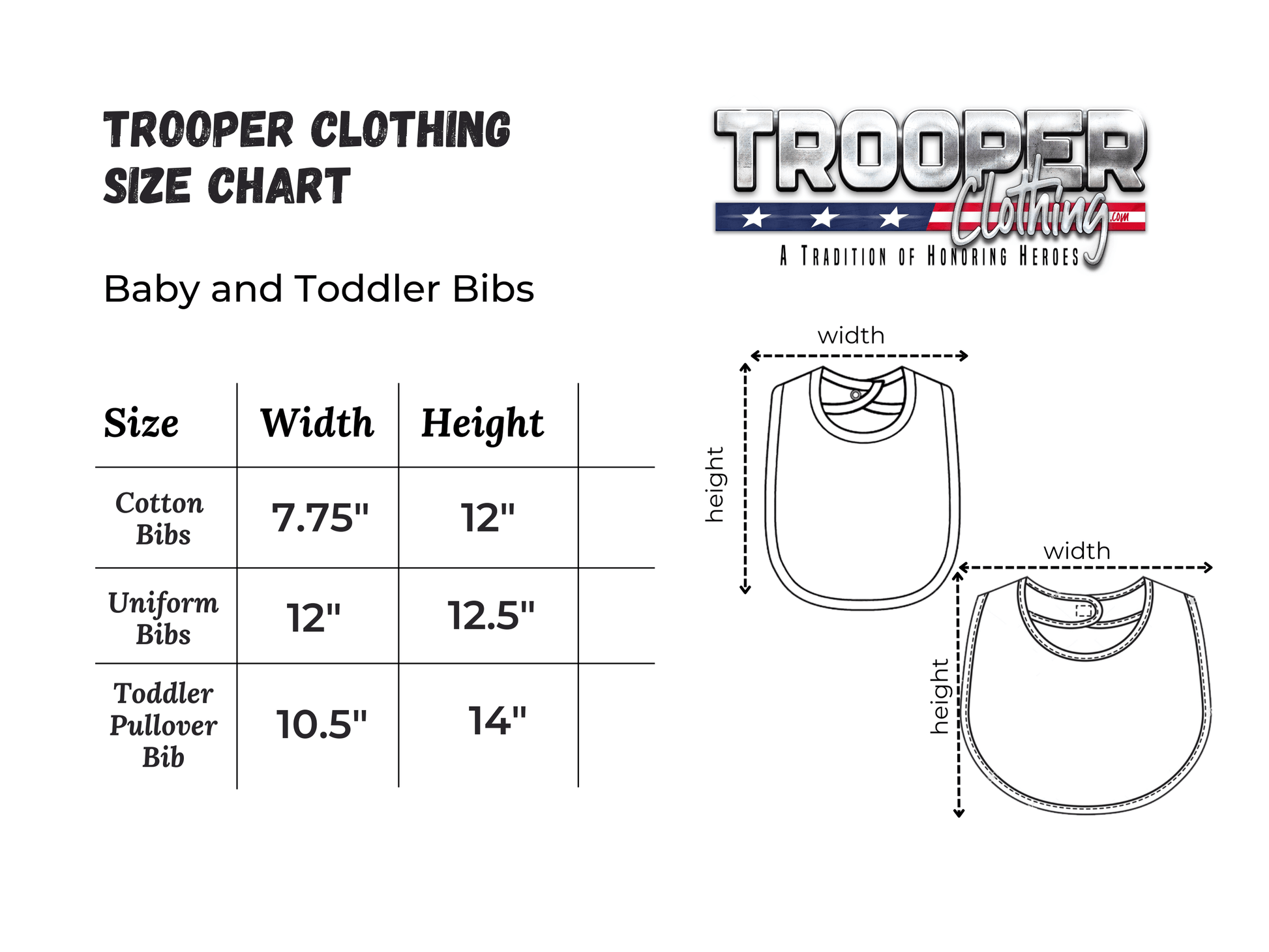 Trooper Clothing size chart for baby and toddler bibs showing dimensions and styles.