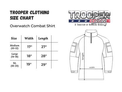Trooper Clothing size chart for Overwatch Combat Shirt, showcasing dimensions for Medium, Large, and XL sizes.