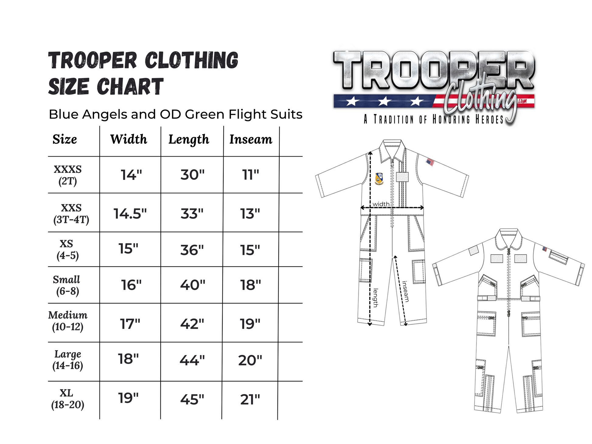 Trooper Clothing size chart for youth flight suits including measurements for various sizes.