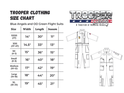 Trooper Clothing size chart for youth flight suits including measurements for various sizes.