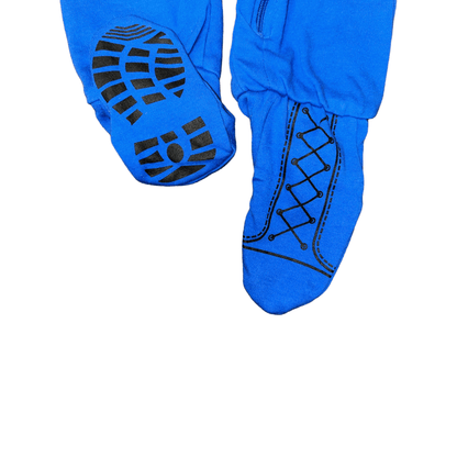 Blue Angels Flight Suit Baby Crawler in a smart blue onesie, perfect for little aviation enthusiasts.