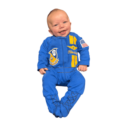 Blue Angels Flight Suit baby crawling, wearing tiny pilot uniform, blue and white colors