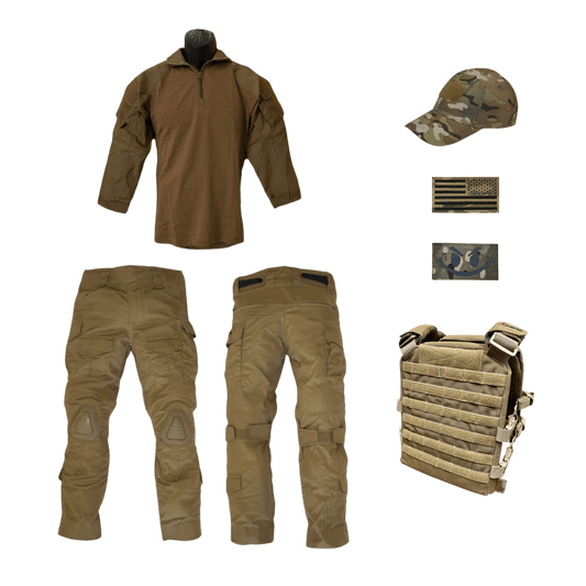 Youth Coyote Overwatch Tactical 6 pc Combo set featuring shirt, pants, cap, and tactical gear.