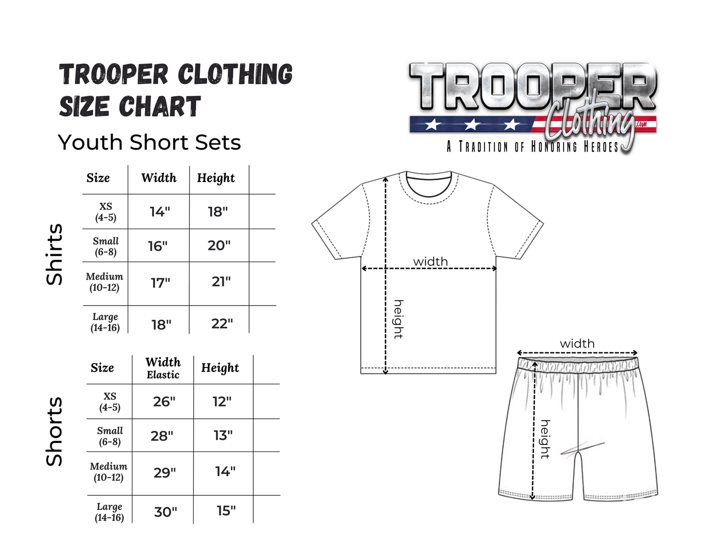 Trooper Clothing size chart for Youth Navy PT Uniform, detailing sizes for shirts and shorts.