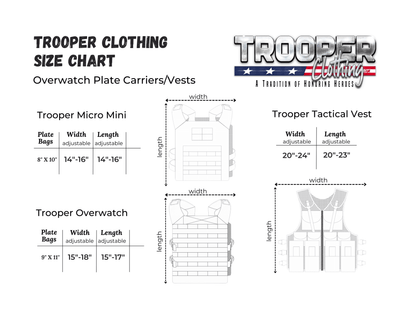 Trooper Clothing size chart for Overwatch Plate Carriers and Tactical Vests including measurements and adjustable features.