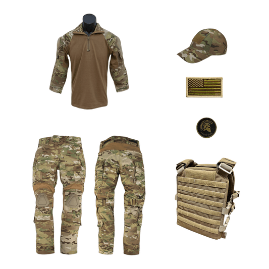 Youth Multicam Overwatch Tactical combo includes shirt, pants, cap, patch, and tactical bag in durable ripstop fabric.