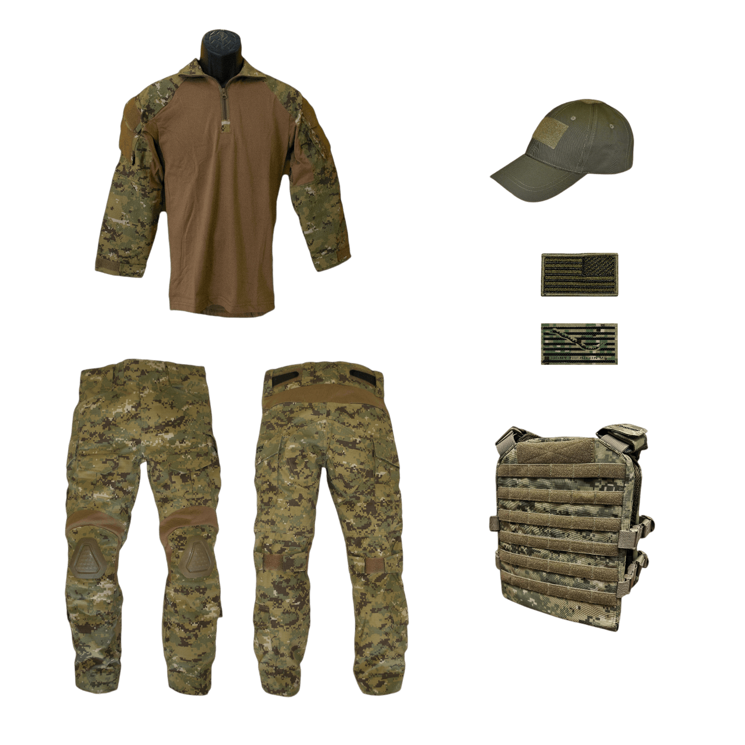 Youth NWU III Overwatch Tactical 6 pc Combo with shirt, pants, cap, patches, and tactical vest.