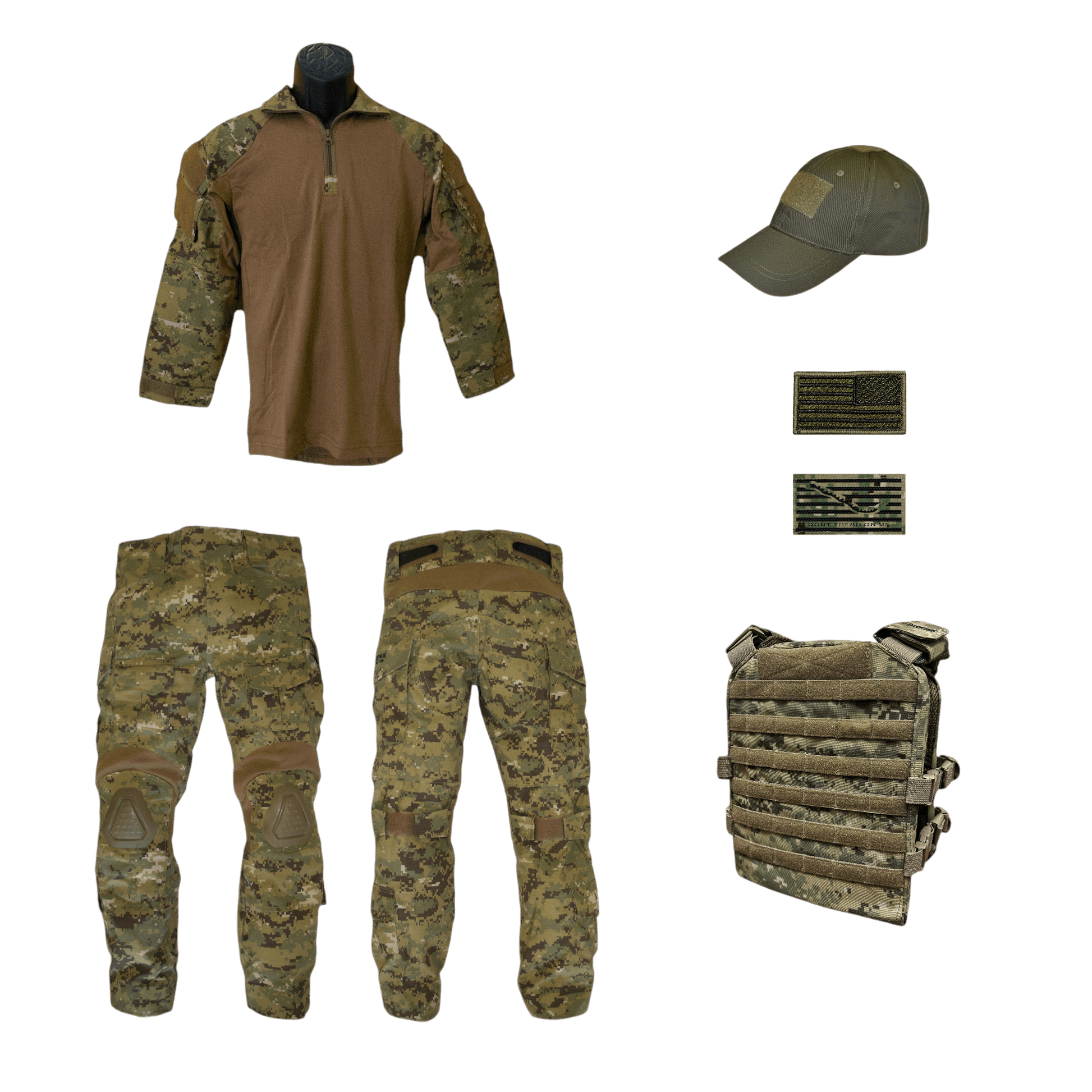 Youth NWU III Overwatch Tactical 6 pc Combo with shirt, pants, cap, patches, and tactical vest.