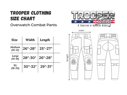 Trooper Clothing size chart for Overwatch Combat Pants, detailing sizes Medium, Large, and XL with width and length measurements.