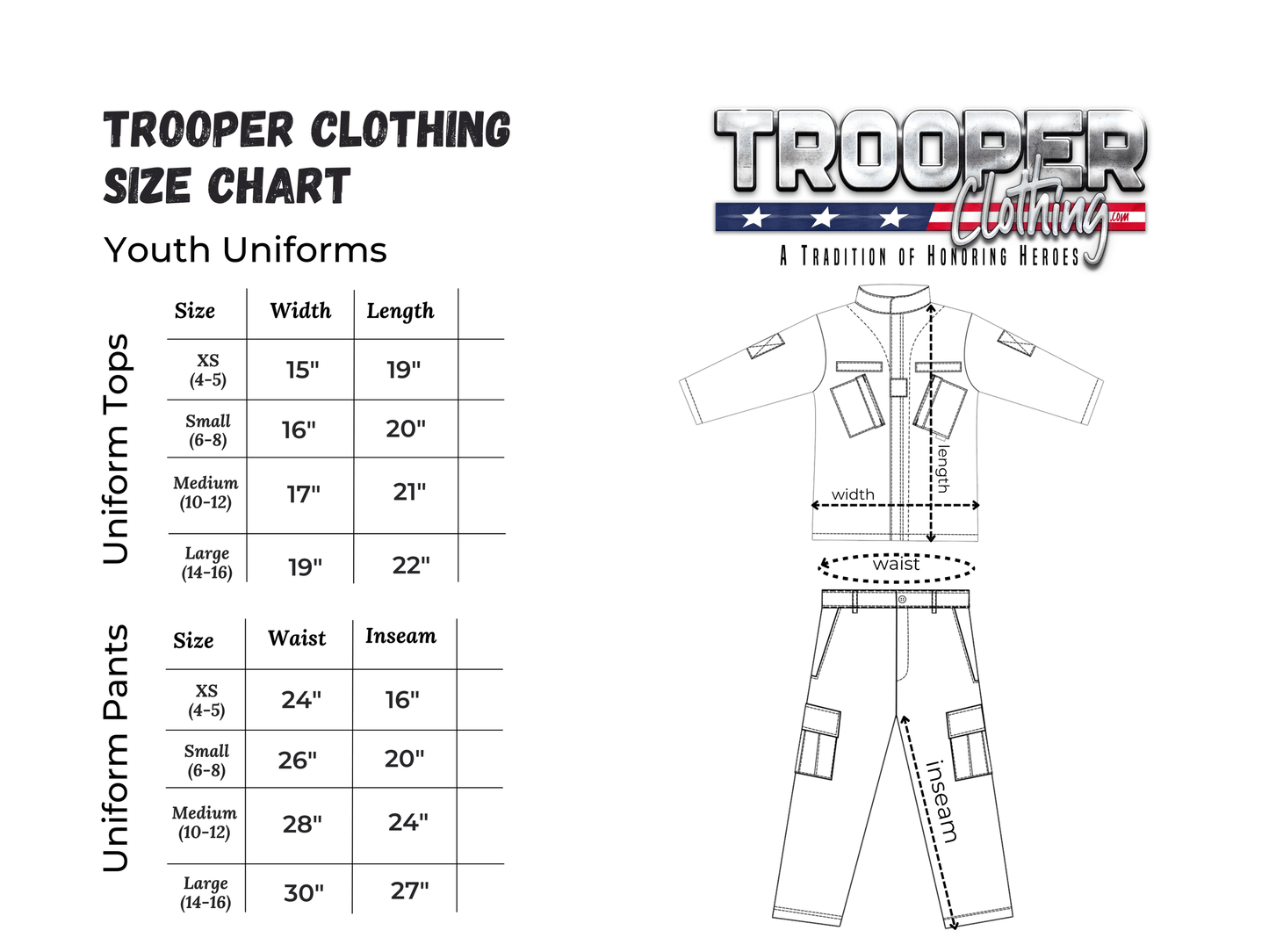 Trooper Clothing youth uniform size chart displaying dimensions for tops and pants in XS to large sizes.