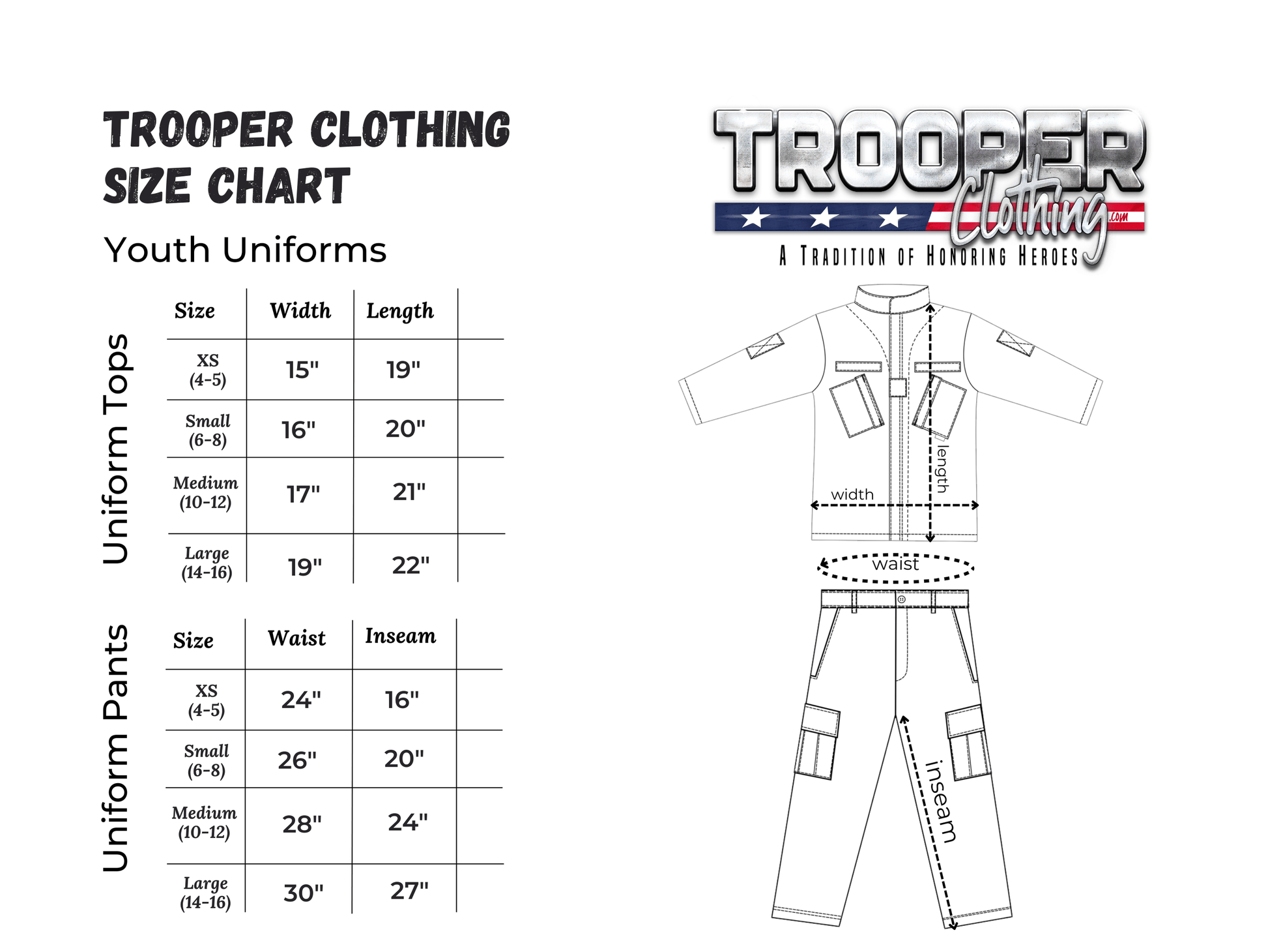 Trooper Clothing youth uniform size chart displaying dimensions for tops and pants in XS to large sizes.