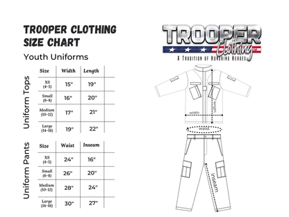 Trooper Clothing youth uniform size chart displaying dimensions for tops and pants in XS to large sizes.