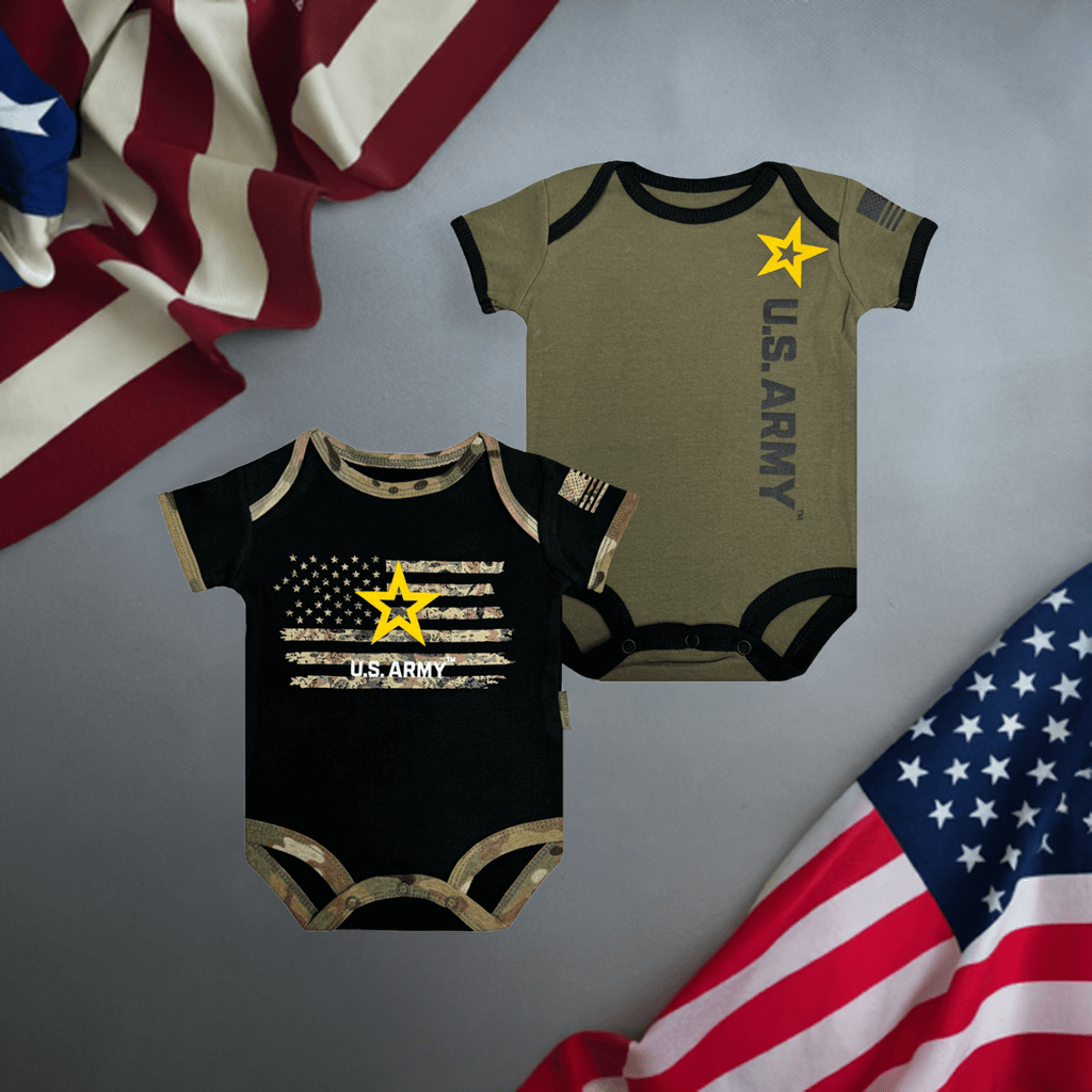 Army baby bodysuits showing black design with American flag and OD Green with U.S. ARMY logo, featuring soft fabric.