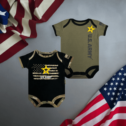 Army baby bodysuits showing black design with American flag and OD Green with U.S. ARMY logo, featuring soft fabric.