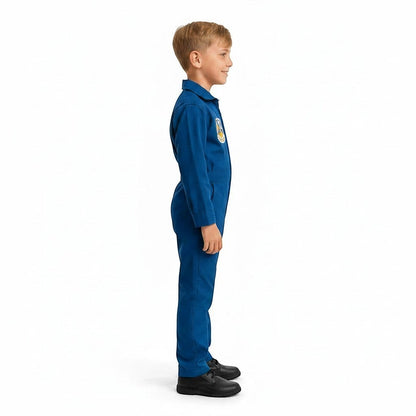 Trooper Clothing youth Blue Angels flight suit in blue with embroidered patches worn by a young boy in profile view