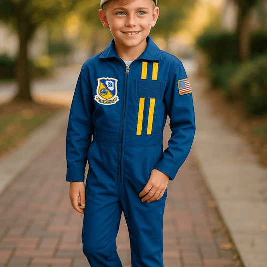 Trooper Clothing youth Blue Angels flight suit in blue with patches and matching garrison cap worn by a young boy