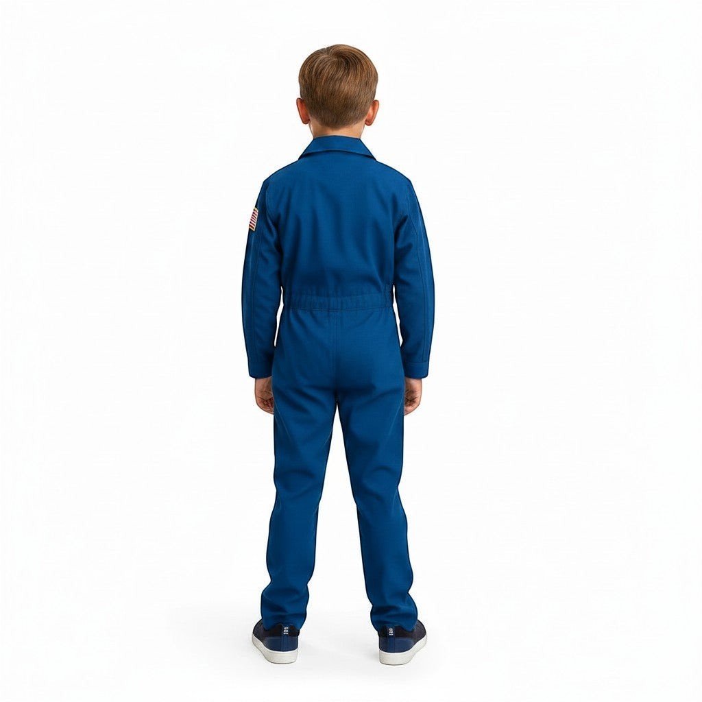 Back view of a child wearing a Trooper Clothing blue Blue Angels flight suit with an American flag shoulder patch.