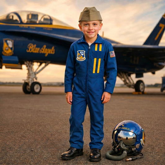 Trooper Clothing youth Blue Angels flight suit in blue with patches, garrison cap, and pilot helmet on the tarmac.